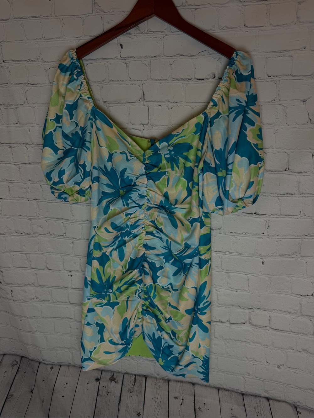 Seven Wonders Teal & Lime Floral Puff-Sleeve Mini Dress Size 8